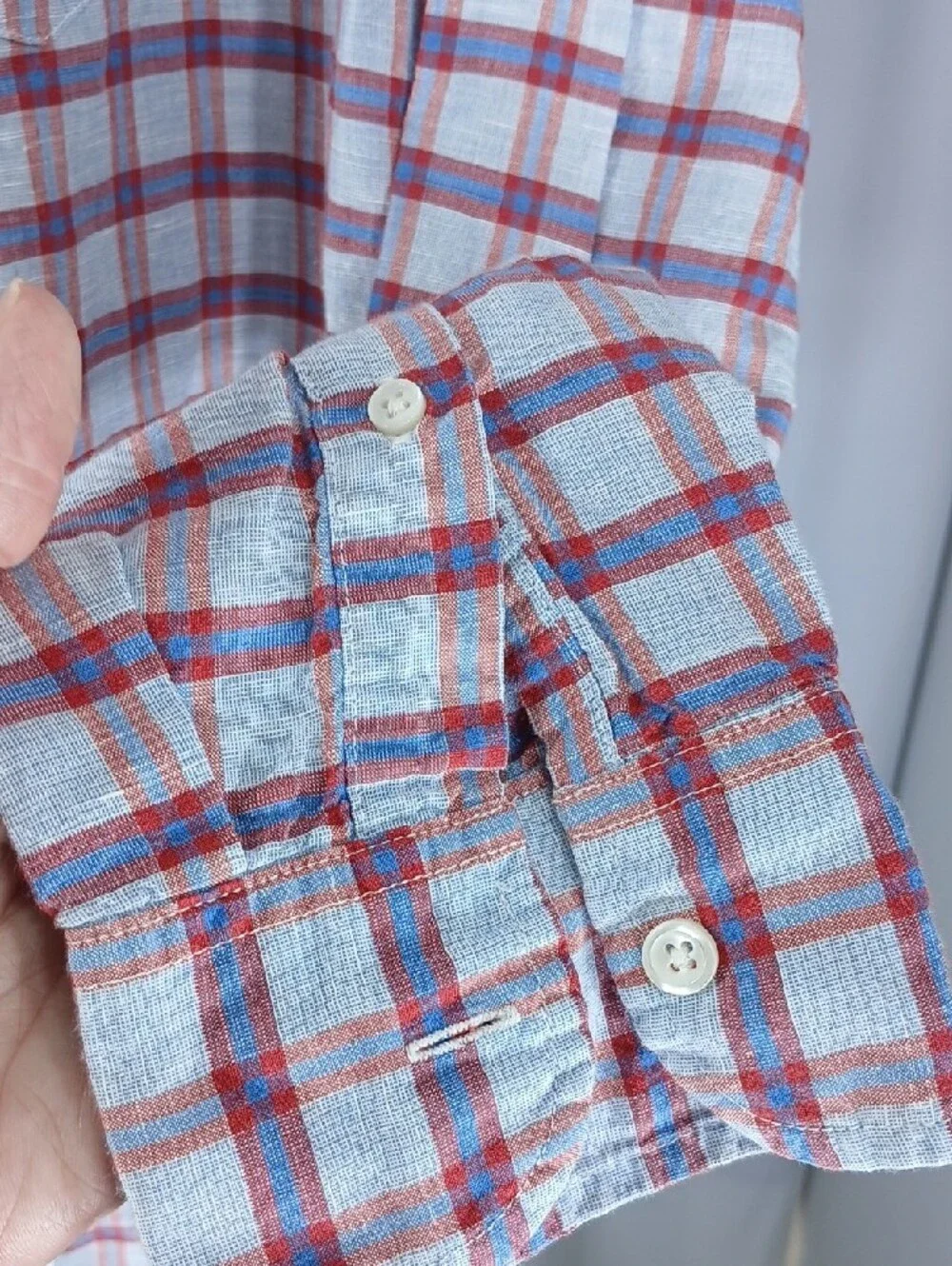 J. Crew Men’s Light Blue and Red Plaid Button-Down linen + cotton Shirt